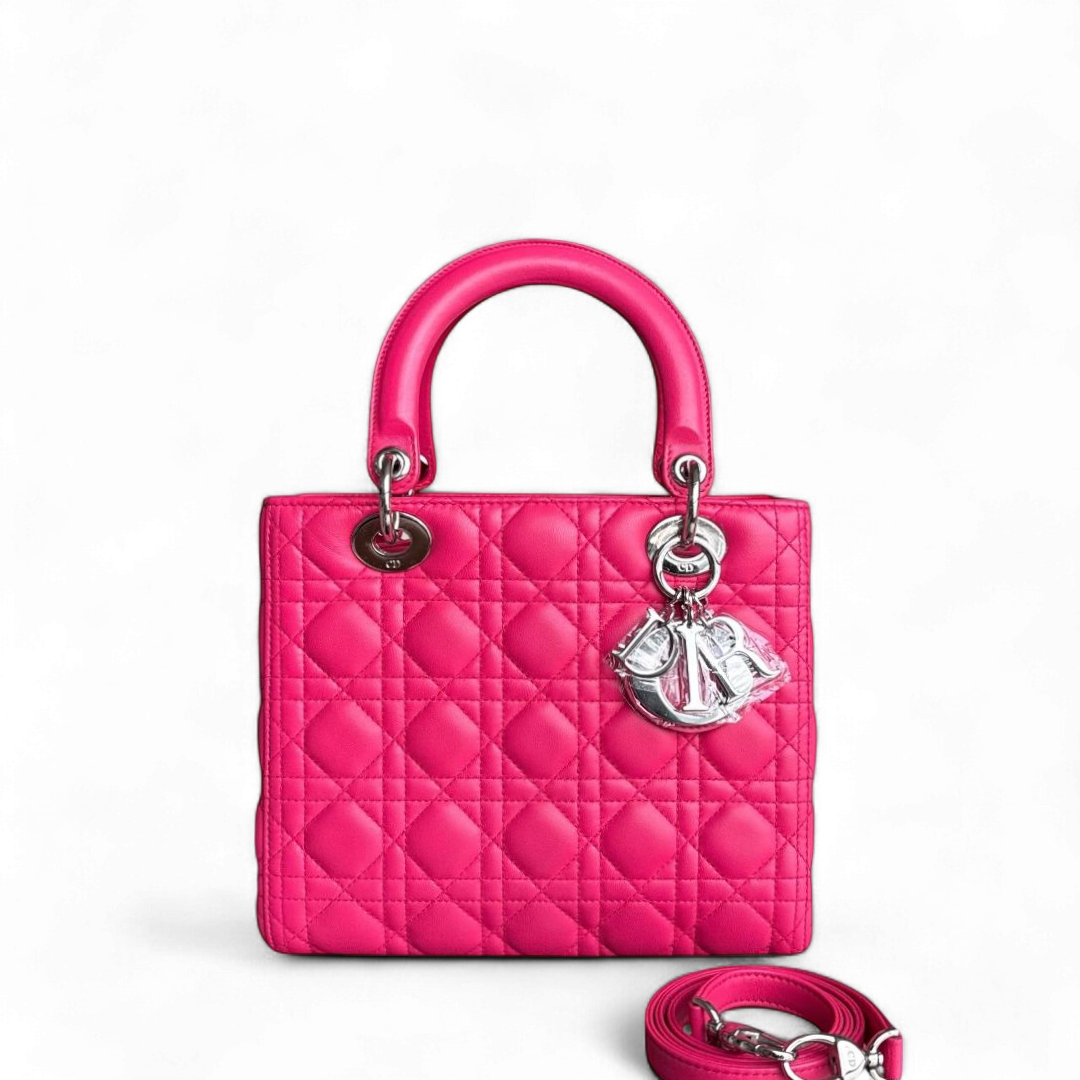Dior Lady Medium - Cannage Lambskin Hot Pink Silver Hardware
