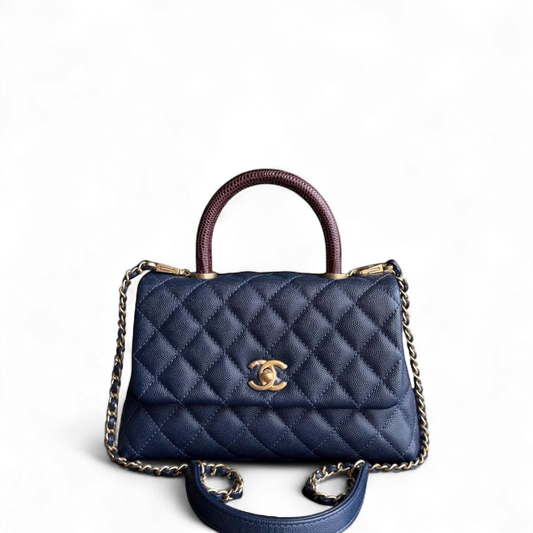 Chanel Coco Handle Small - Caviar Quilted Grained Calfskin Dark Navy Blue Lizard Handle Gold Hardware Series 24