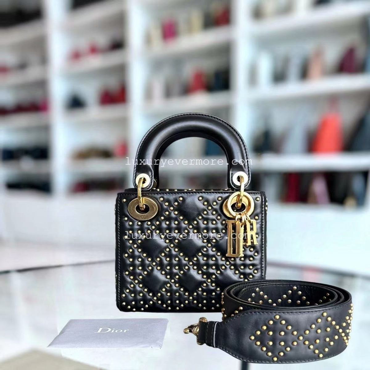 Lady Mini Studded Cannage Calfskin Black Golden Hardware