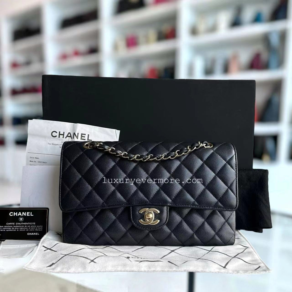 *Un, Full Set Receipt* Caviar Double Flap Quilted Grained Calfskin Dark Blue Golden Hardware Series 28