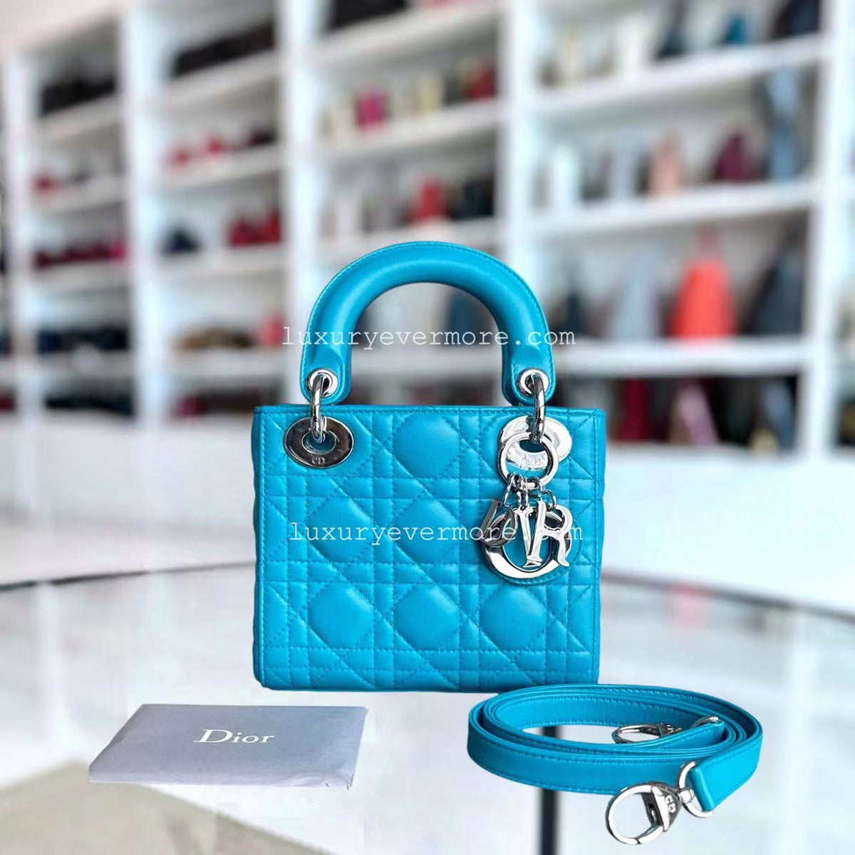 Balance of Lady Mini Cannage Lambskin Cyan Blue Silver Hardware