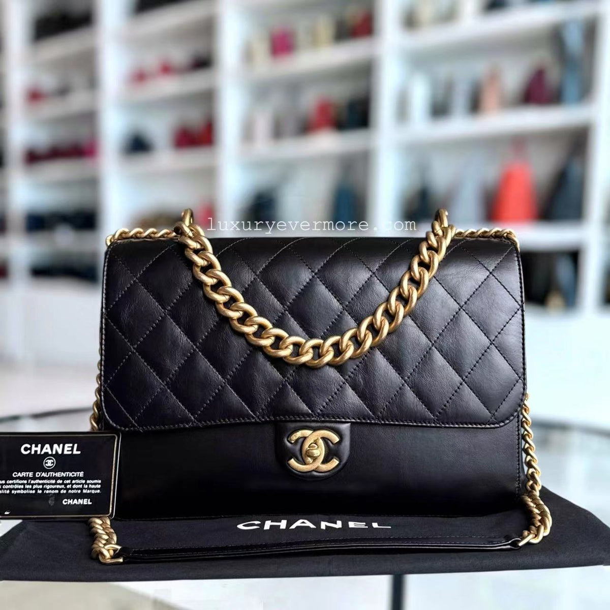 Chanel Seasonal Flap Jumbo - 30CM Glazed Calfskin Quilted Straight Line Black Gold Hardware Series 23