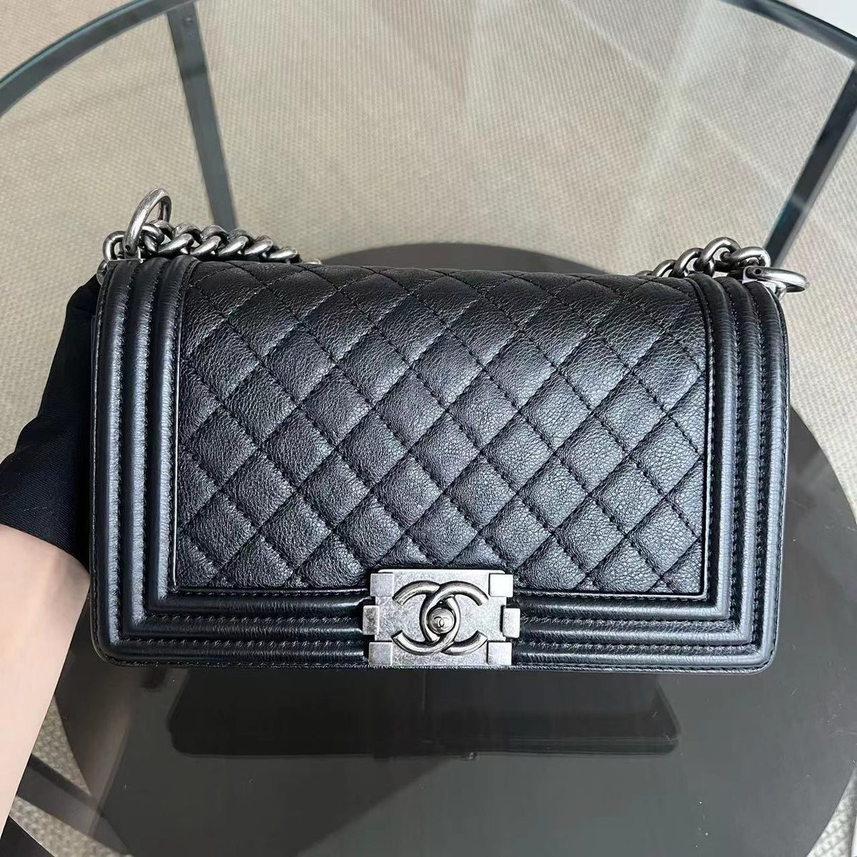 Calfskin Boy Old Medium 25CM Medium Quilted Black Ruthenium Silver Hardware Series 18