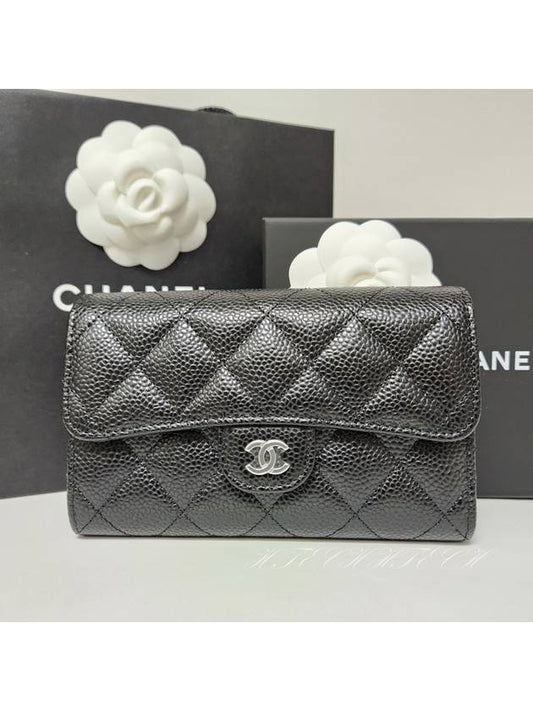 Classic Flap Wallet Grained Calfskin & Silver Black Chanel