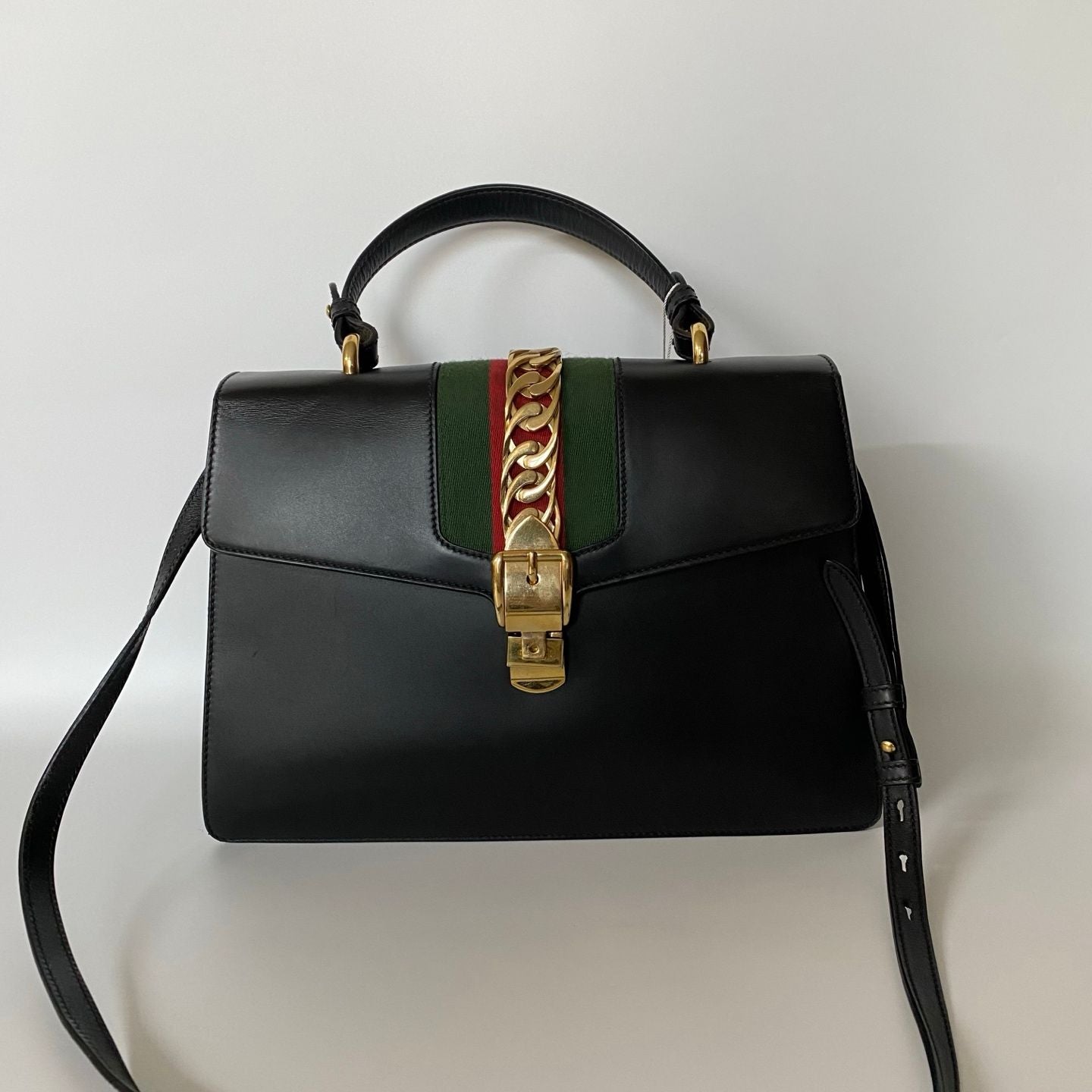 GUCCI Calfskin Medium Sylvie Top Handle Bag Black - NG