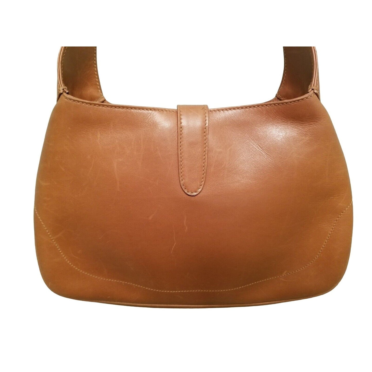 Rare, vintage, Gucci, camel leather 1961 Jackie hobo shoulder bag with a red & green center stripe, gold piston closure, & extender strap