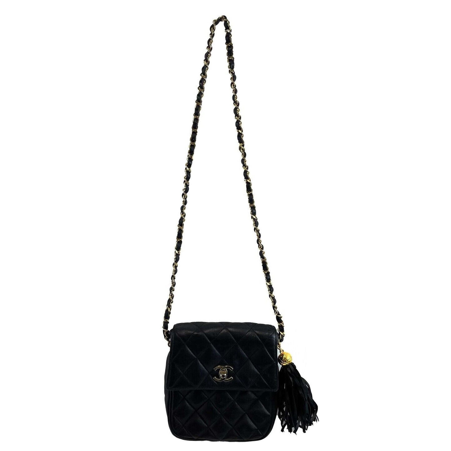 CHANEL Small Square Flap Leather Vintage Gold CC Tassel Black Crossbody Handbag