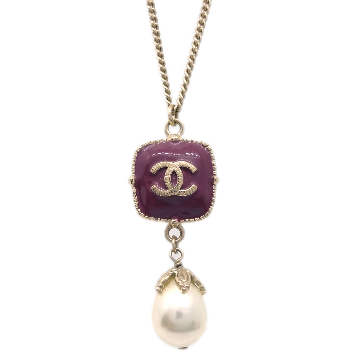 Chanel Artificial Pearl Rhinestone Gold Chain Pendant Necklace 08A
