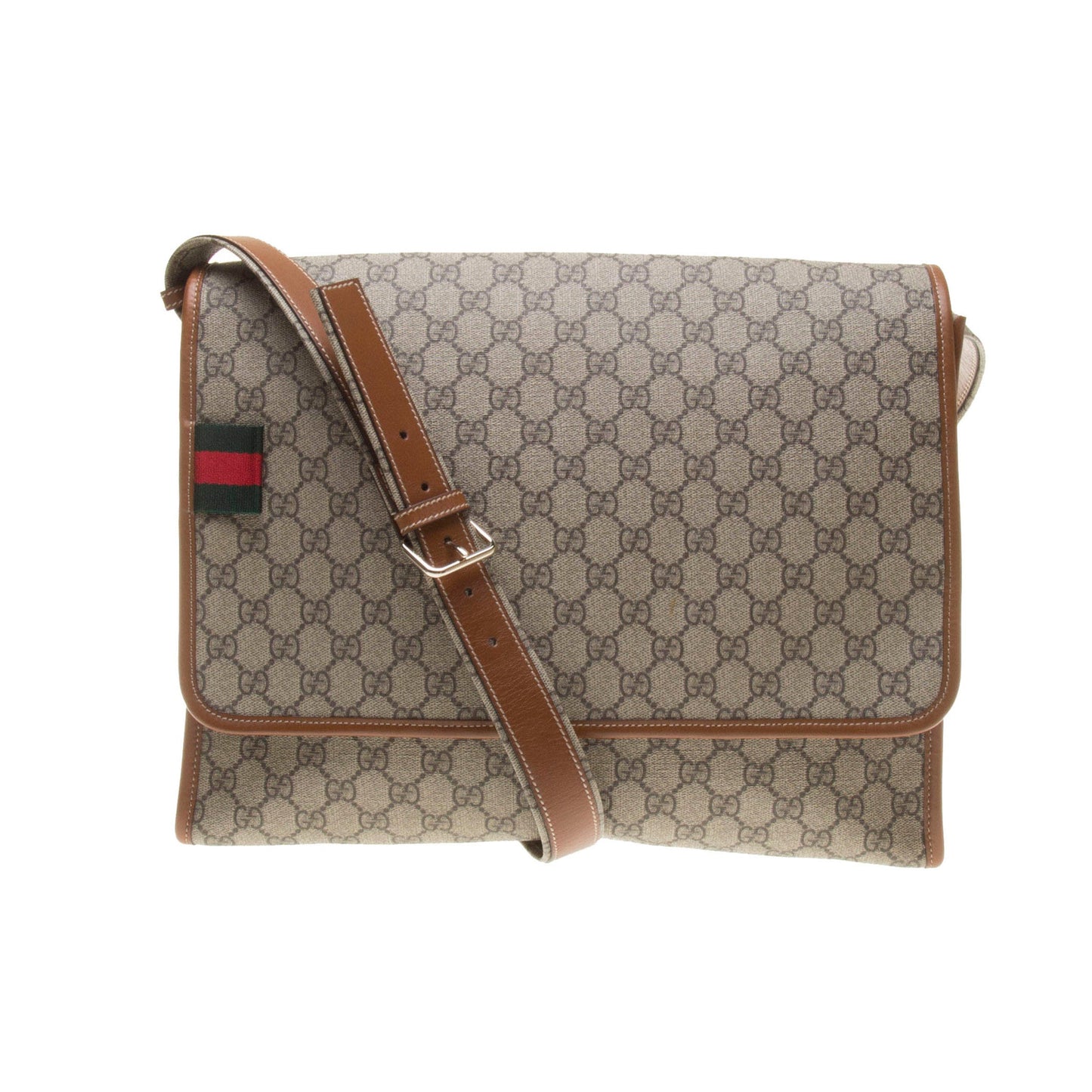 Gucci 246411 Beige/Ebony GG Supreme Canvas with Brown Leather Trim Crossbody Bag