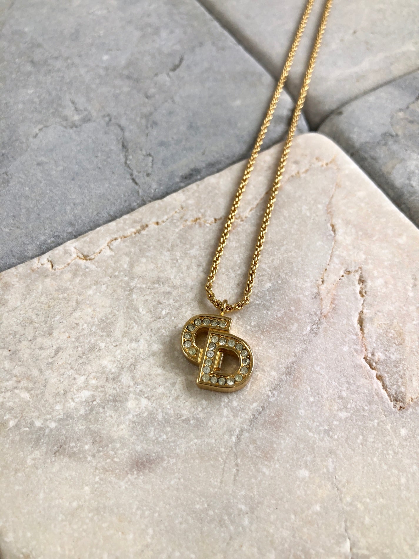 Christian Dior CD Logo Rhinestone Necklace Gold Vintage hk42f6