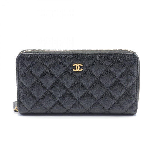 CHANEL Classic Long Zip Wallet Matelasse Round Caviar Skin Women's Black