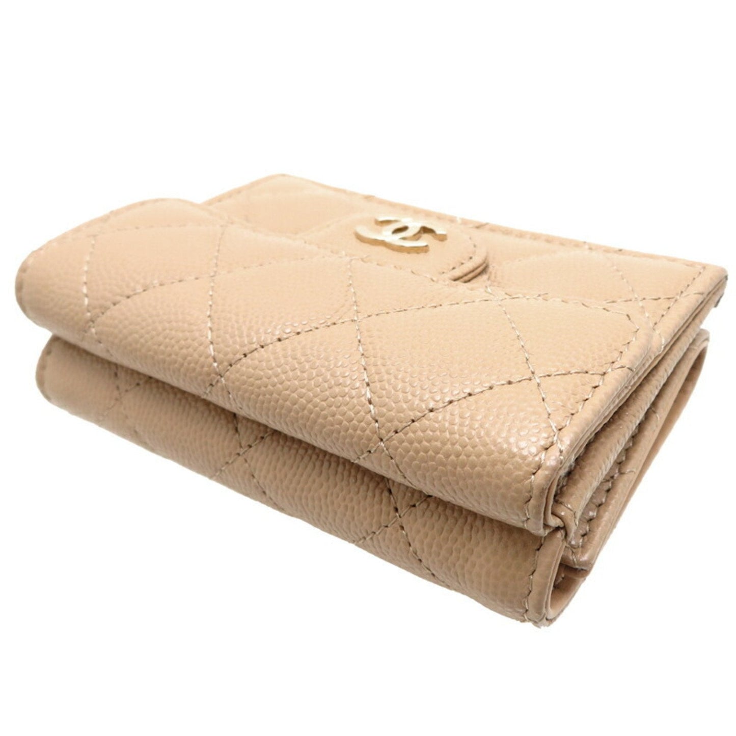 Chanel Seal Caviar W Compact Wallet Women's Tri-fold Skin Beige