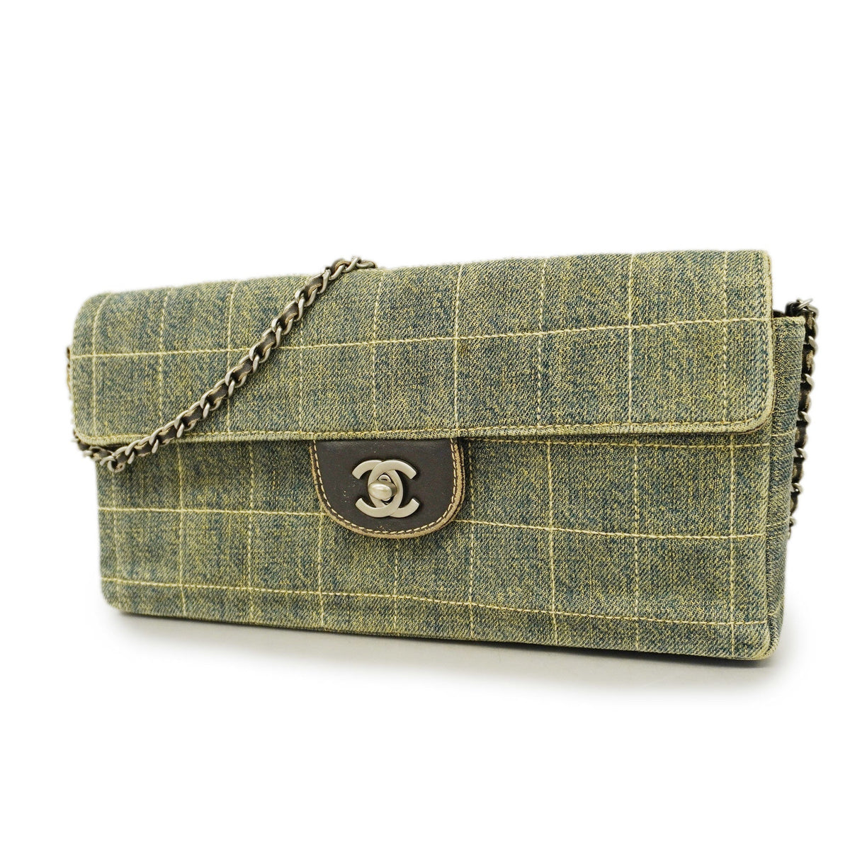 ChanelAuth  Chocolate Bar Chain Shoulder Women's Denim Shoulder Bag Blue