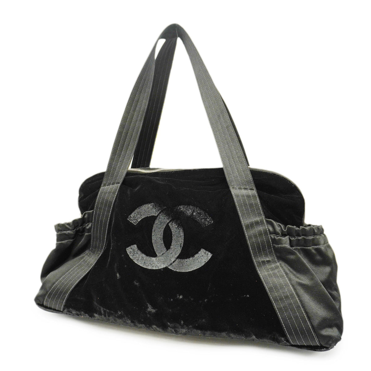 CHANELAuth  Boston Bag Men,Women, Satin,Leather Boston Bag Black