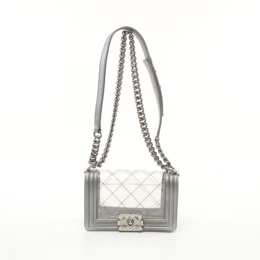 CHANEL Boy Chanel Shoulder Bag Vinyl Lambskin Women's Clear Silver