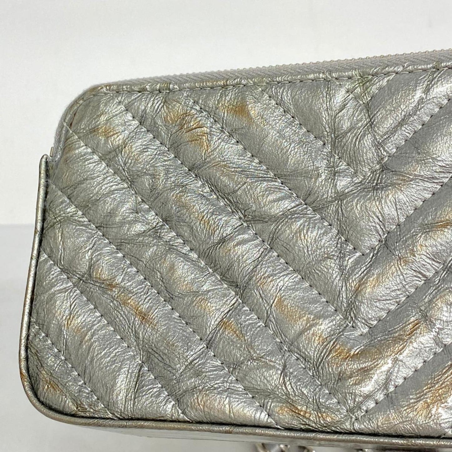 Chanel Shoulder Wallet V-Stitch Chain Coated Leather Grey Women's
