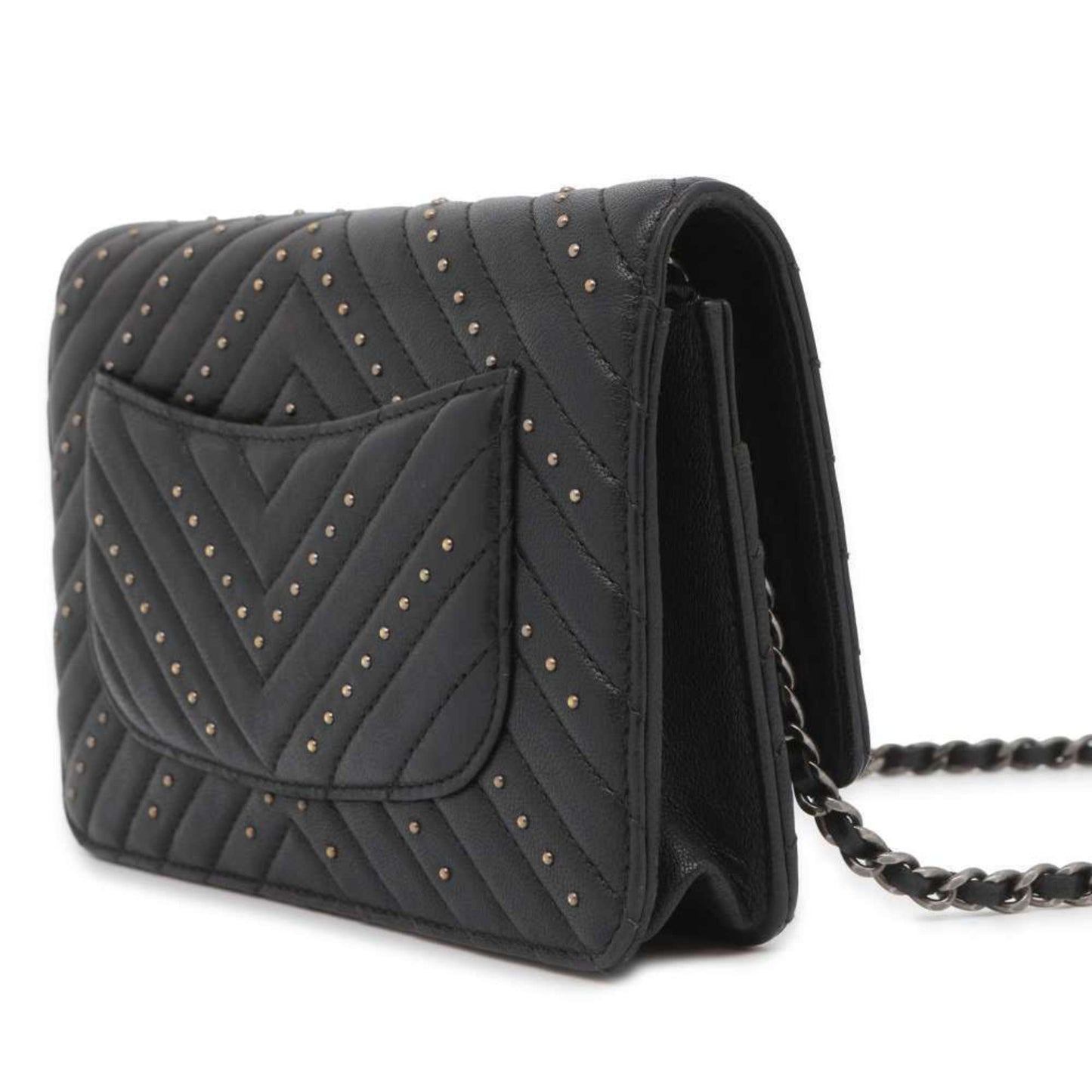 Chanel Chain Wallet 2.55 Chevron Studs V Stitch Lambskin CHANEL Black