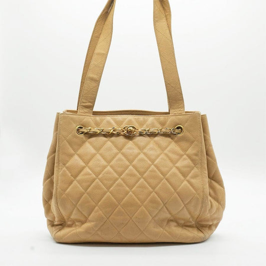 CHANEL Tote Bag Matelasse Coco Mark Chain Lock Leather Beige Gold Women's PD33