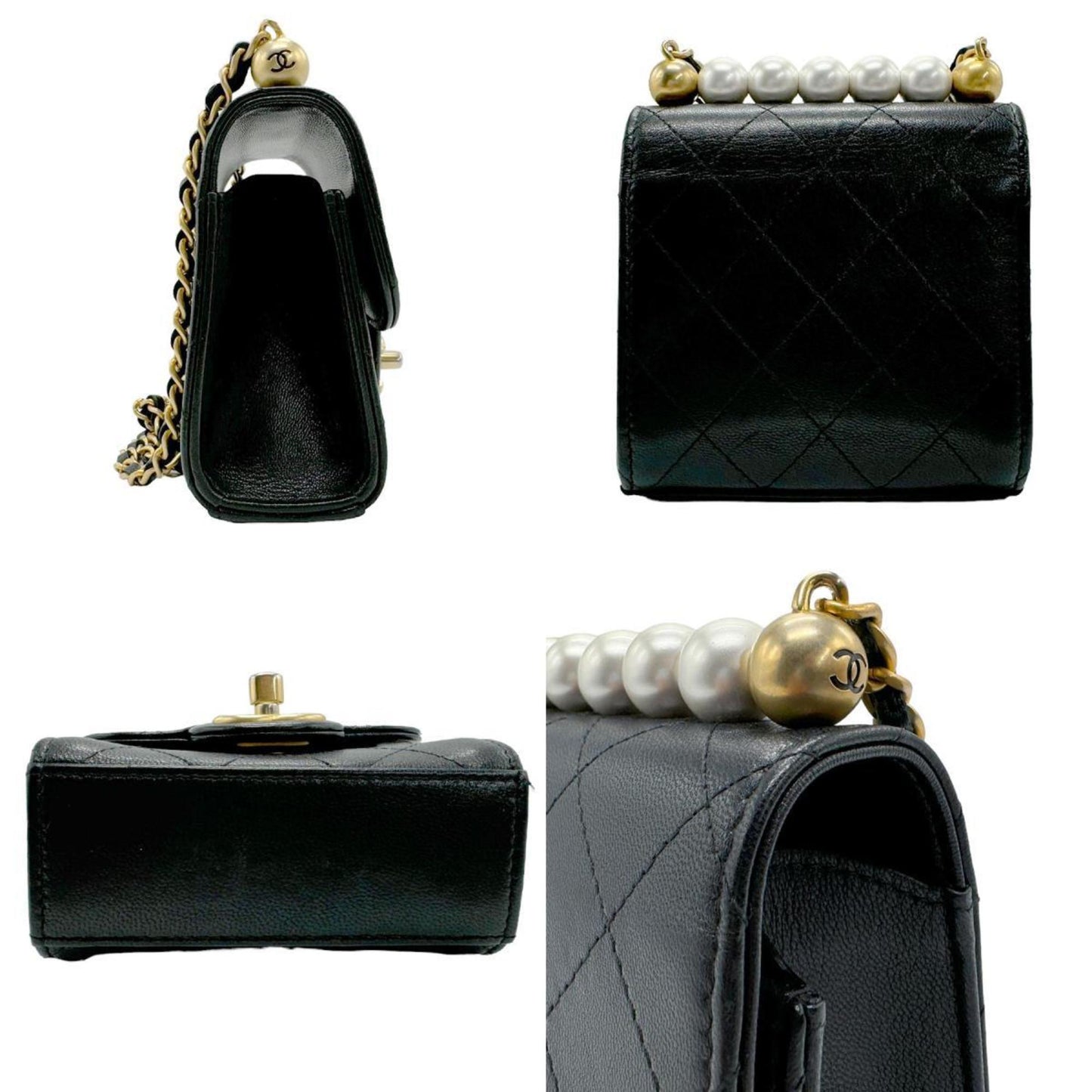 CHANEL Shoulder Bag Leather Faux Pearl Black Women's n0046