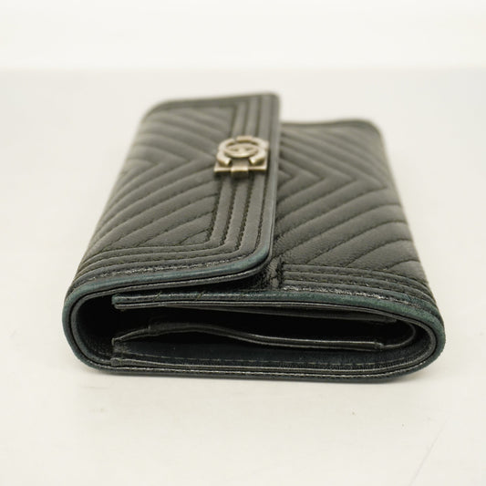 ChanelAuth  Boy  Tri-fold Wallet Silver Metal Fittings Women's Caviar