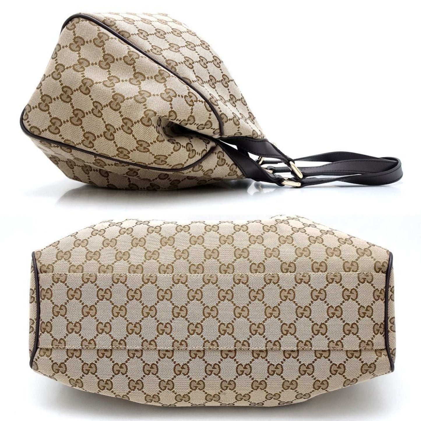 Gucci Beige Dark Brown Gg Canvas Leather Tote Bag