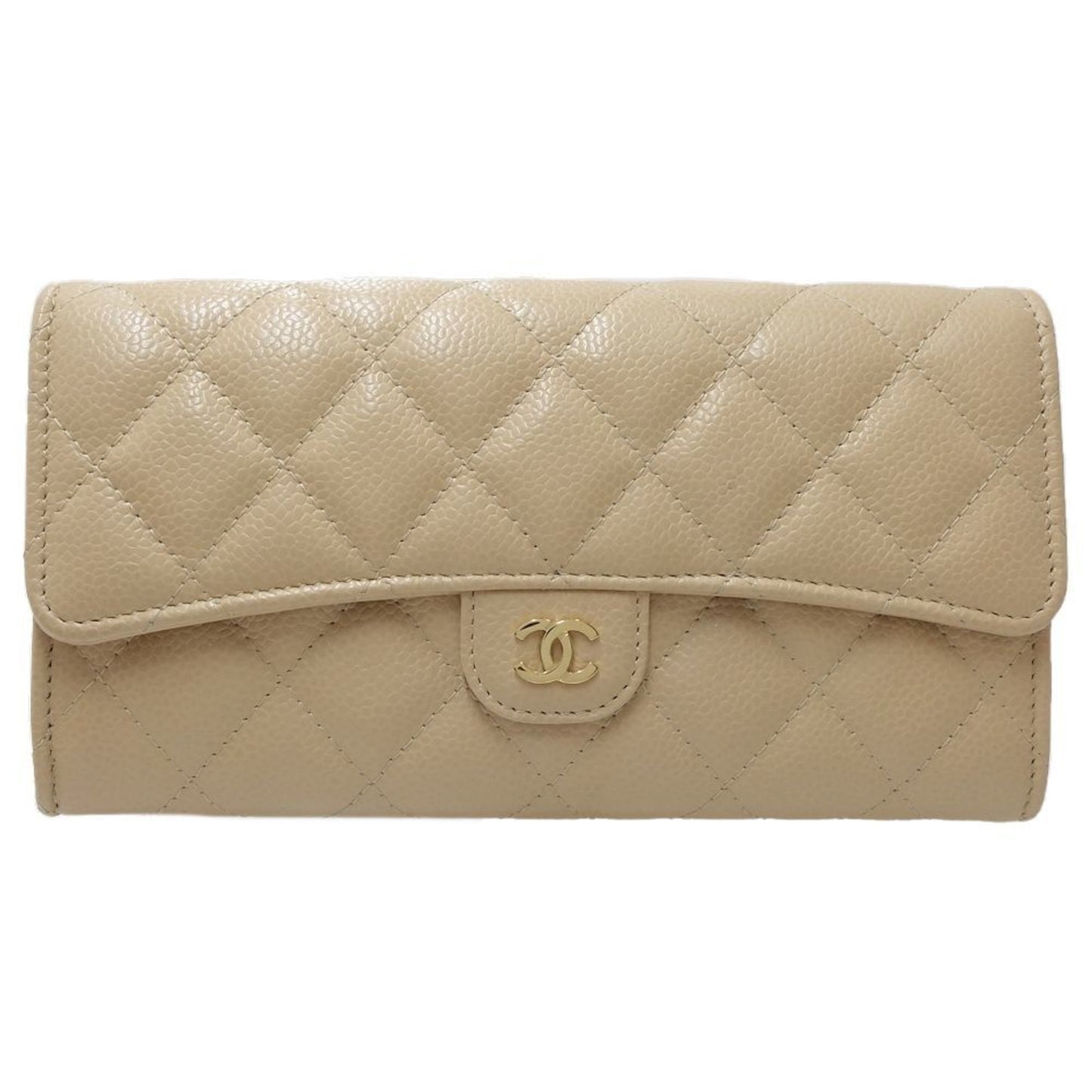 CHANEL Long Wallet A80758 Classic Flap Matelasse Caviar Skin Beige 180597