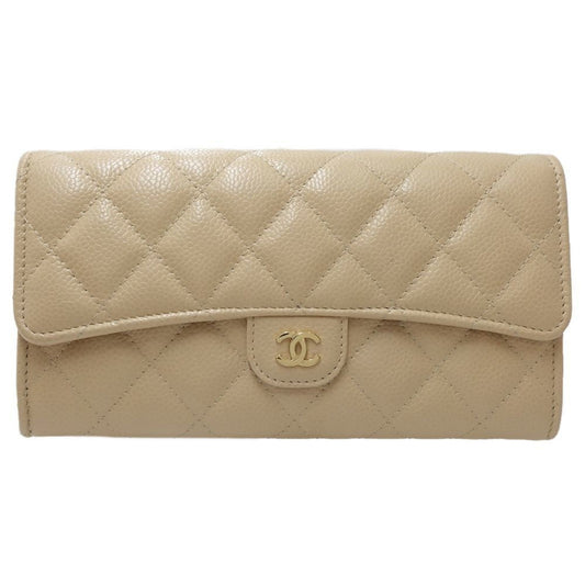 CHANEL Long Wallet A80758 Classic Flap Matelasse Caviar Skin Beige 180597