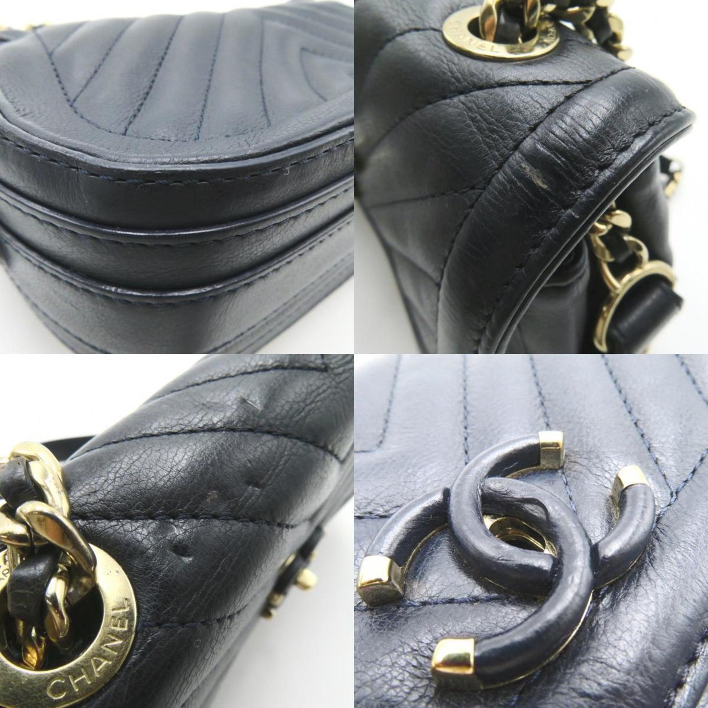 CHANEL V-stitch chain shoulder bag, calf leather, for women, navy