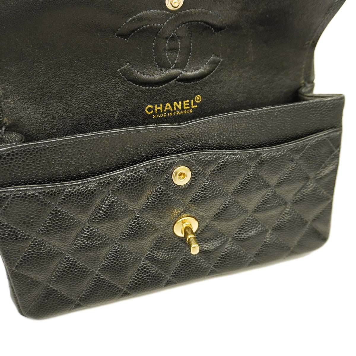 ChanelAuth  Big Matelasse W Flap W Chain Women's Caviar Leather Shoulder Bag