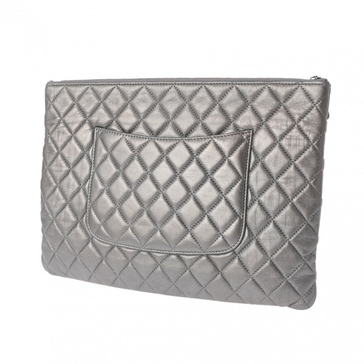 CHANEL Chanel Matelasse Silver Unisex Lambskin Clutch Bag