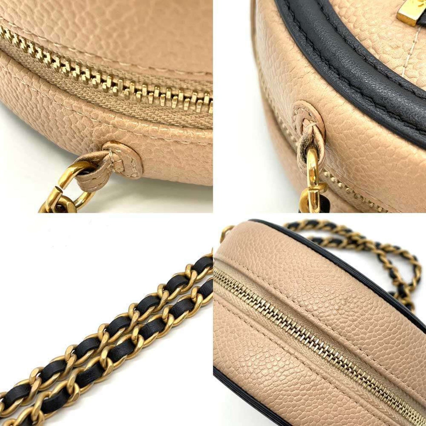 Chanel Bag CC Filigree Round Chain Shoulder Beige x Black Pochette Pouch Circle Crossbody Women's Caviar Skin CHANEL