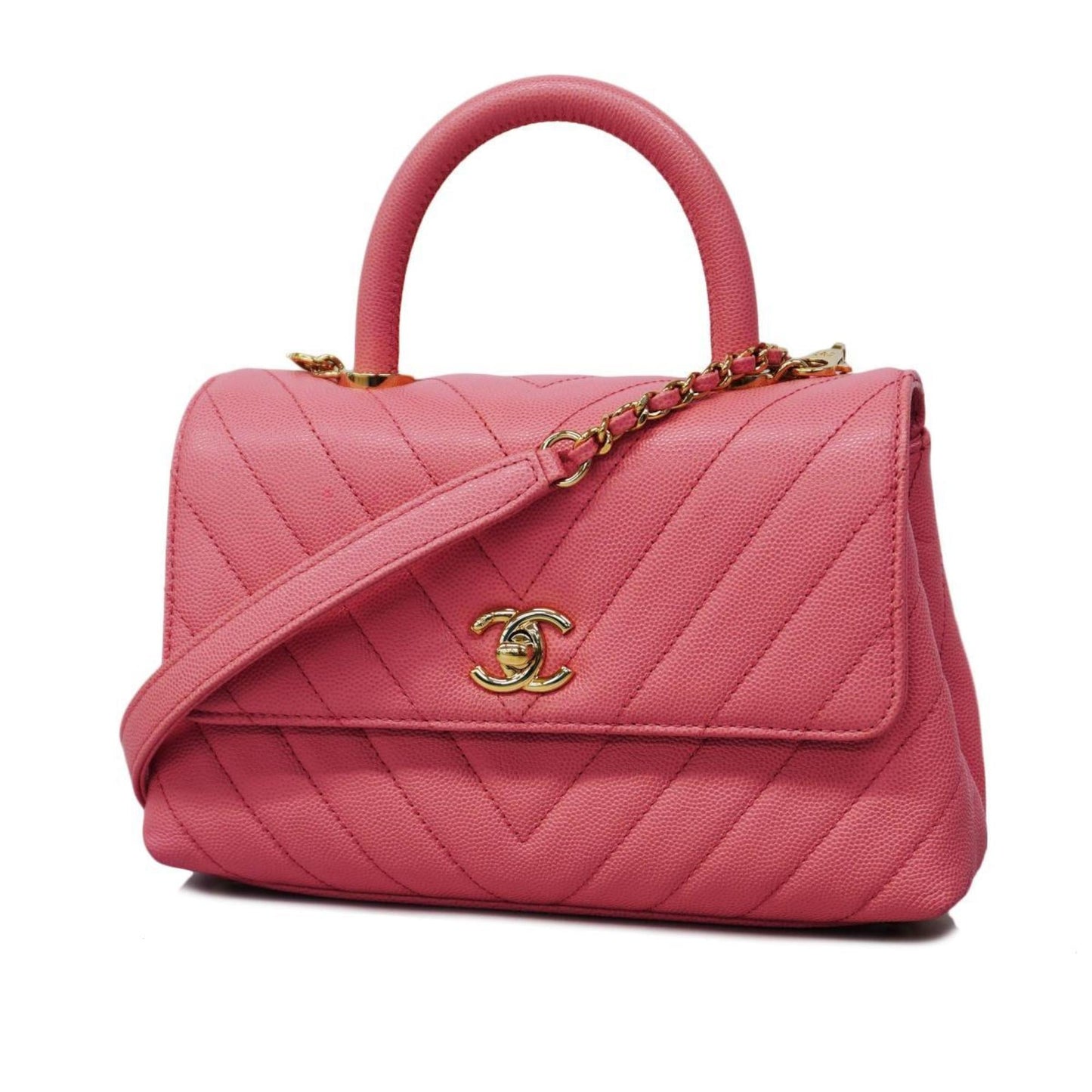 Chanel handbag V-stitched chain shoulder bag caviar skin pink champagne ladies