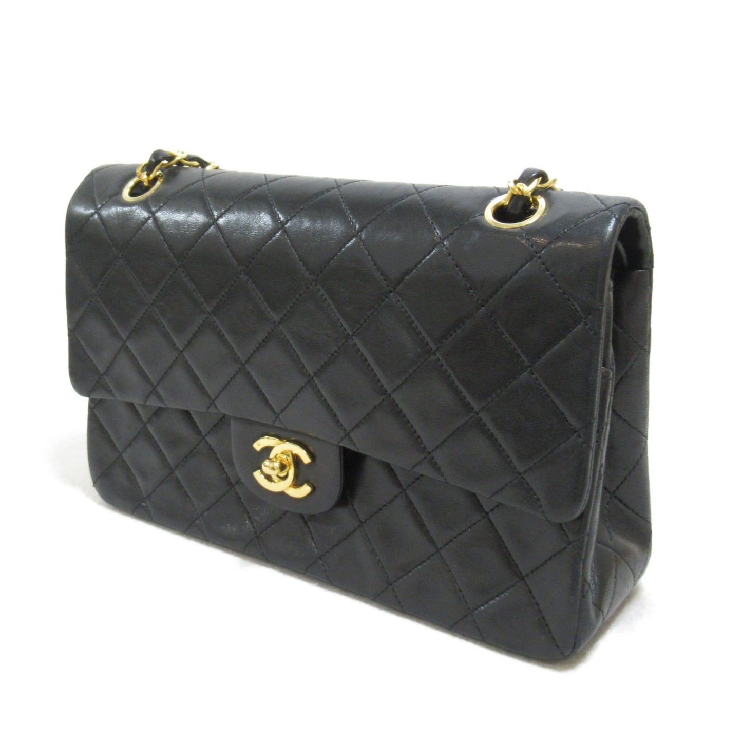 CHANEL Matelasse Double Flap Chain Shoulder Bag Black Lambskin (sheep leather)