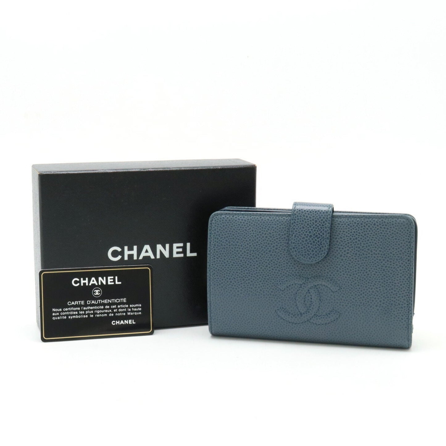 CHANEL Coco Mark Bi-fold Wallet Caviar Skin Leather Blue Gray A50073