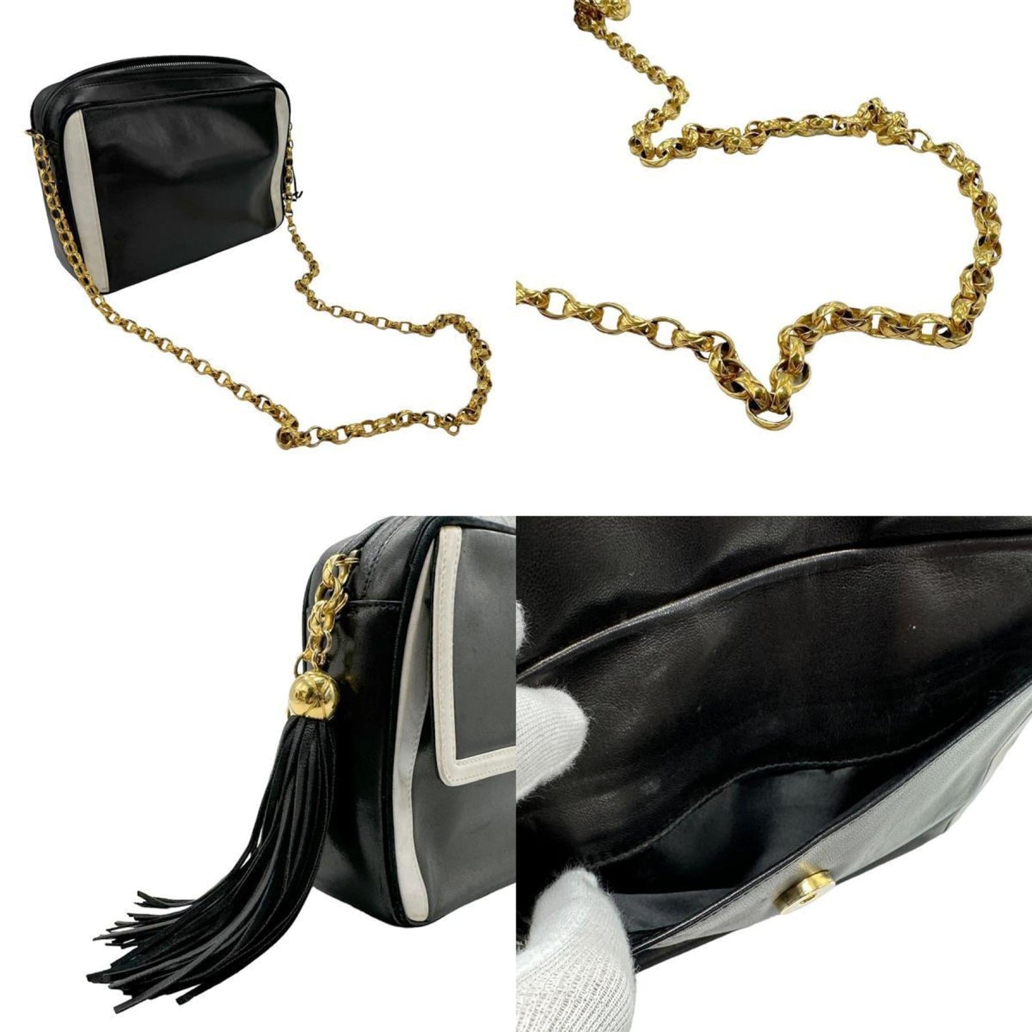 CHANEL Shoulder Bag Coco Mark Leather Metal Black White Gold Women's z1862