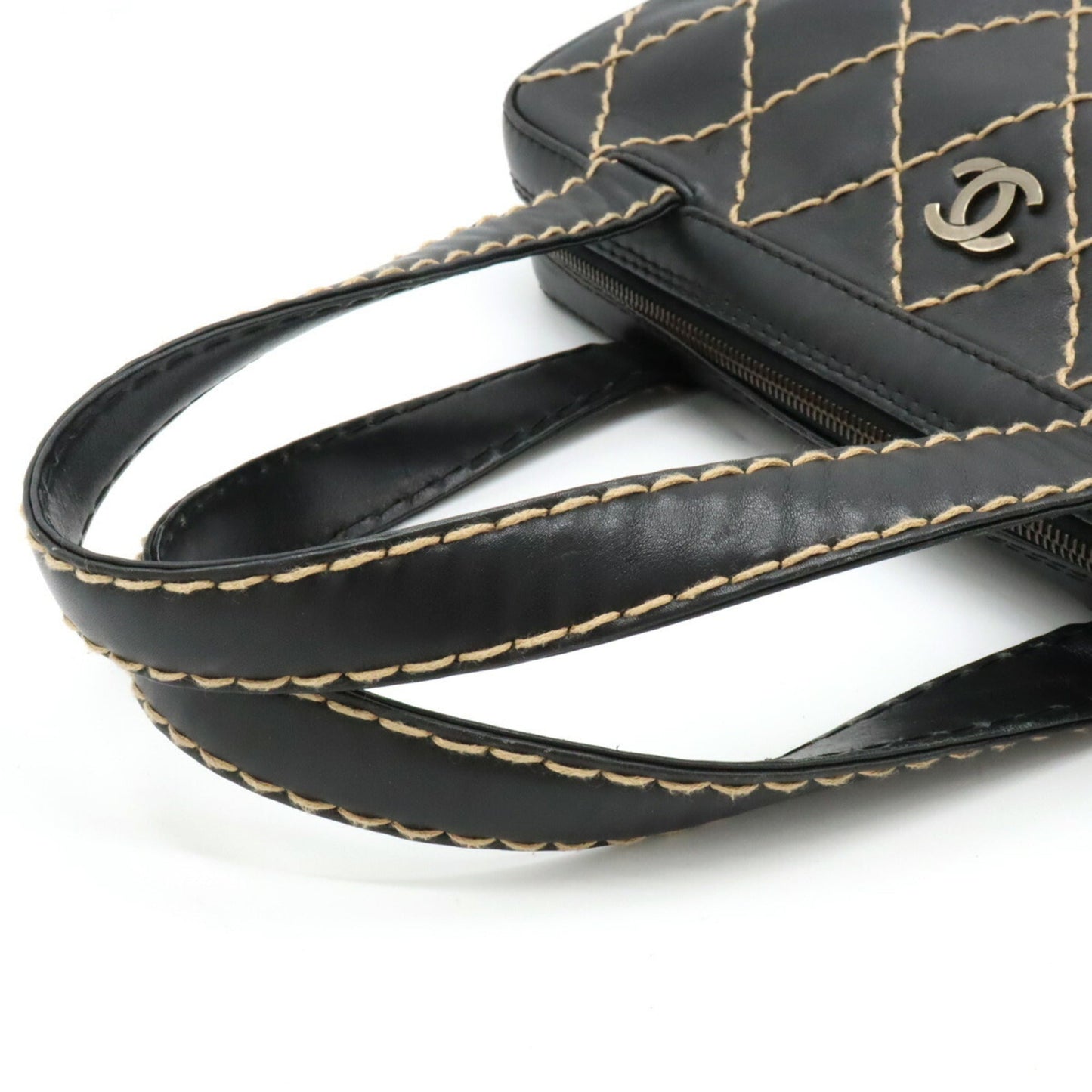 Chanel Wild Stitch Coco Mark Tote Bag HandBag Leather Black A14693