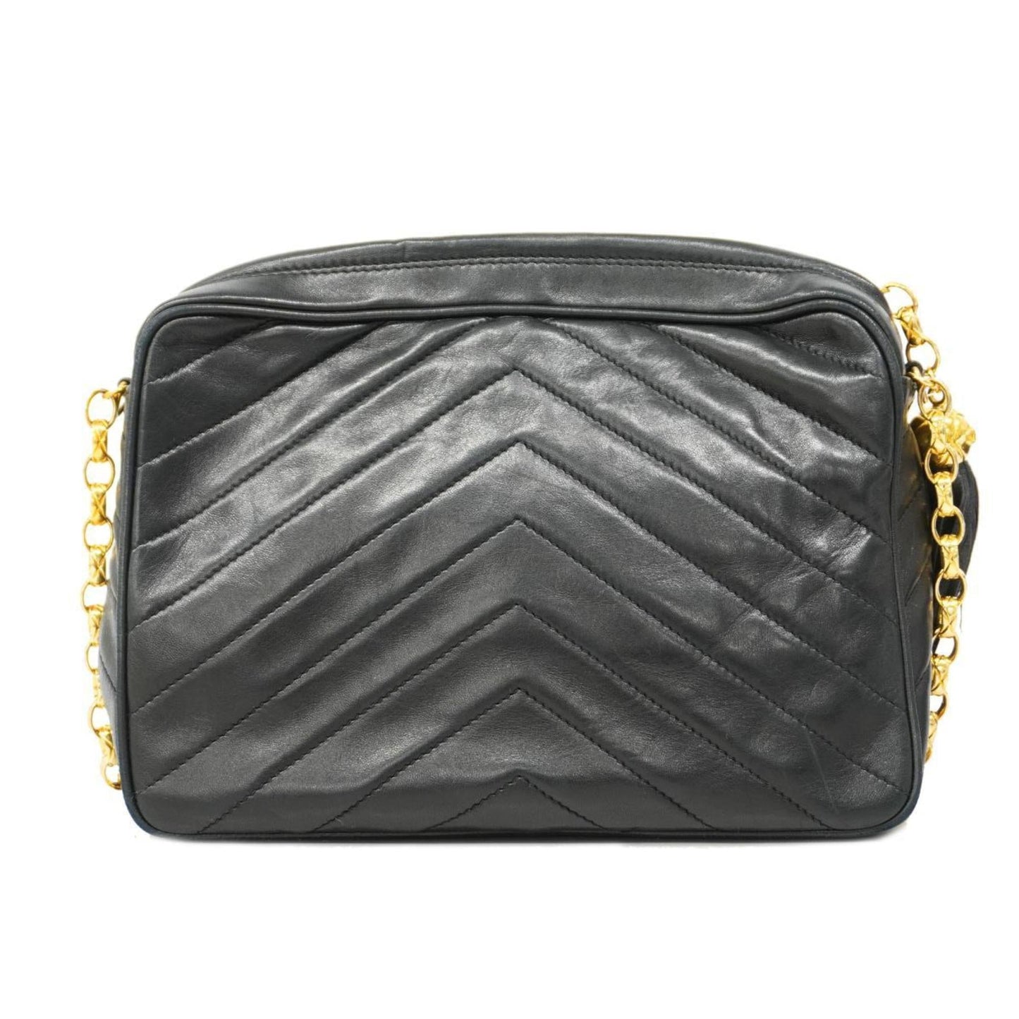 Chanel Shoulder Bag with V-stitching, Lambskin, Black, Women's