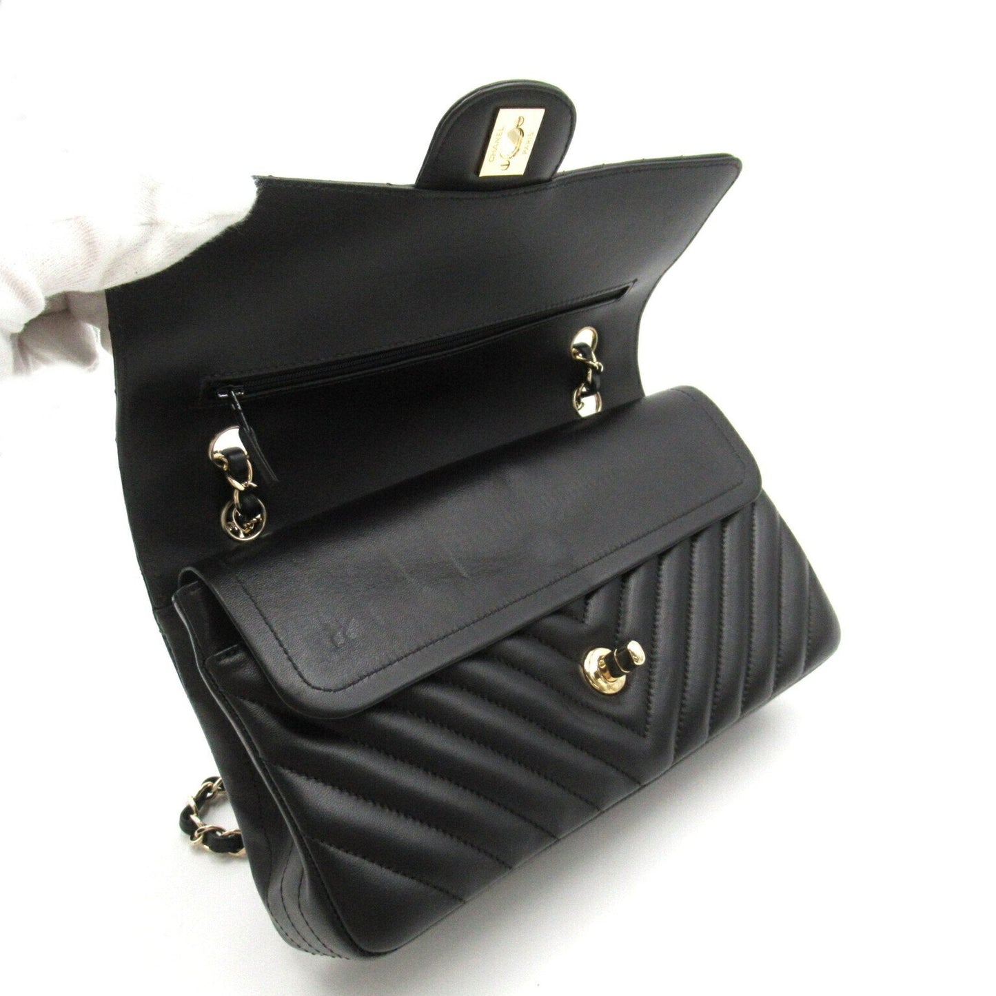 CHANEL V-stitched chain shoulder bag, lambskin, women's, black