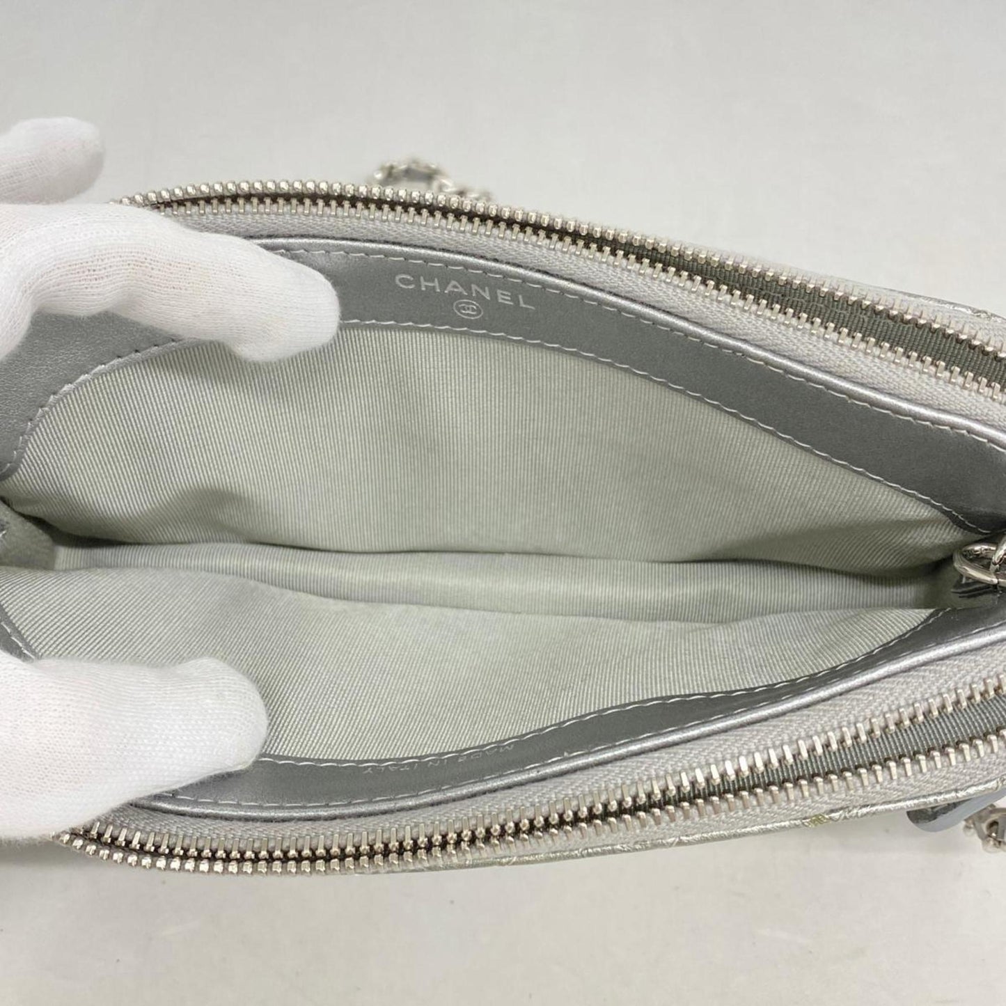 Chanel Shoulder Wallet V-Stitch Chain Coated Leather Grey Women's