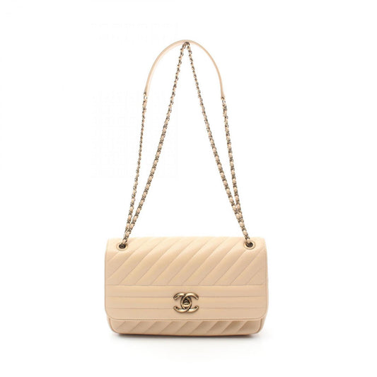CHANEL Diagonal Quilted Flap Shoulder Bag, Goatskin, Women's, Beige