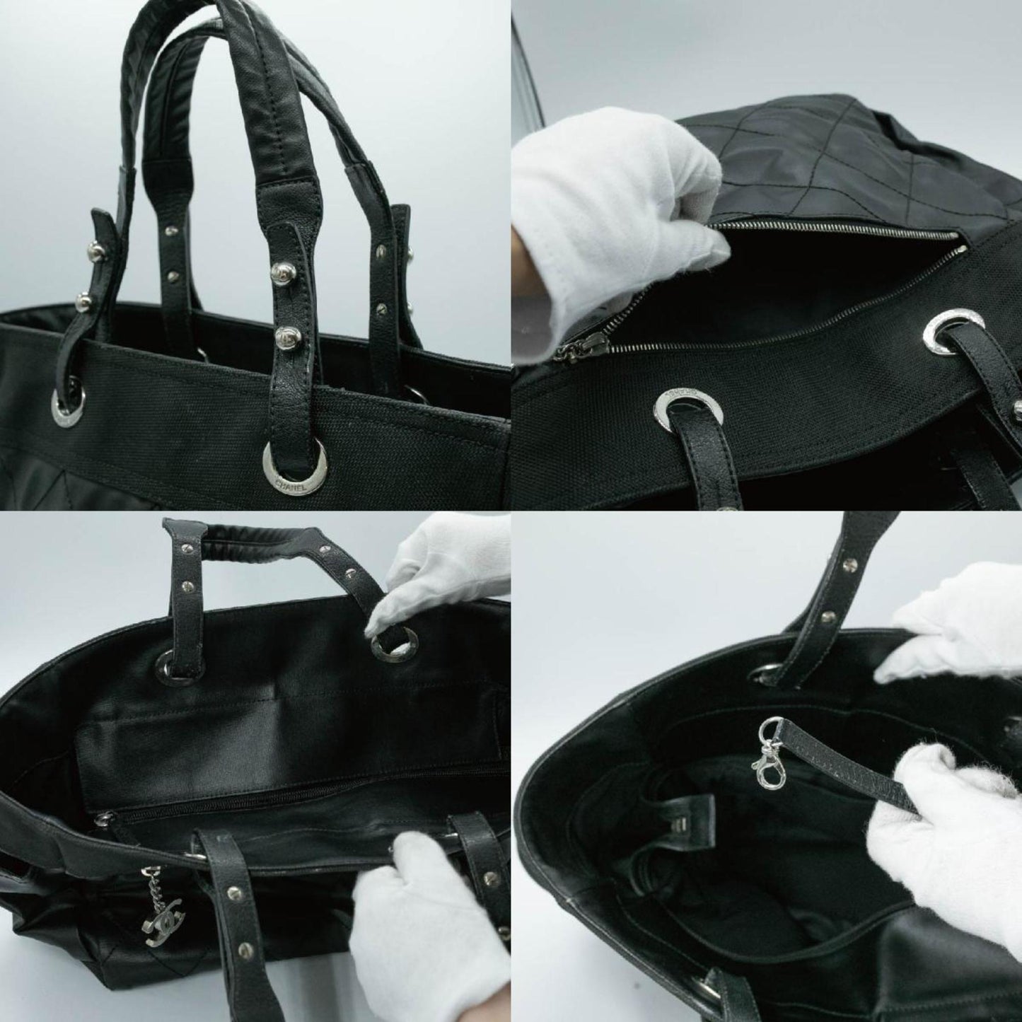 CHANEL Tote Bag Paris Biarritz GM Leather Coated Canvas Black Silver Men's Women's A34210 16th Series PD1