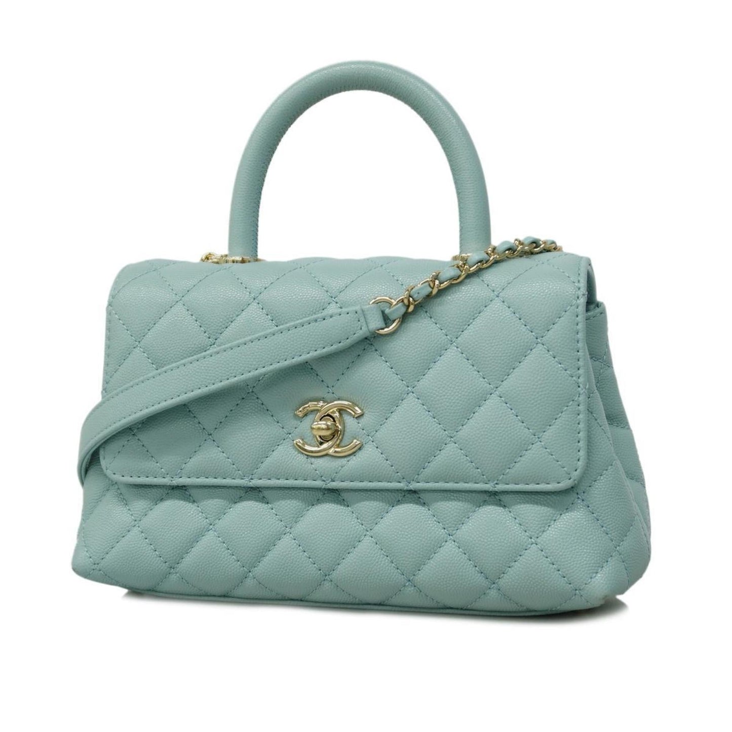 Chanel handbag, Matelasse, Coco handle, chain shoulder, caviar skin, light blue, champagne, women's