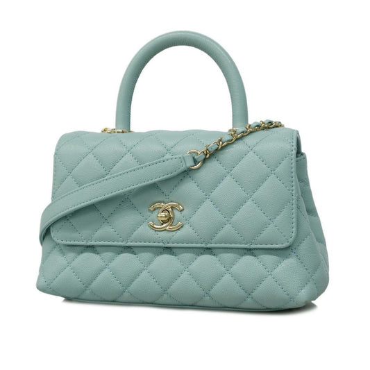Chanel handbag, Matelasse, Coco handle, chain shoulder, caviar skin, light blue, champagne, women's