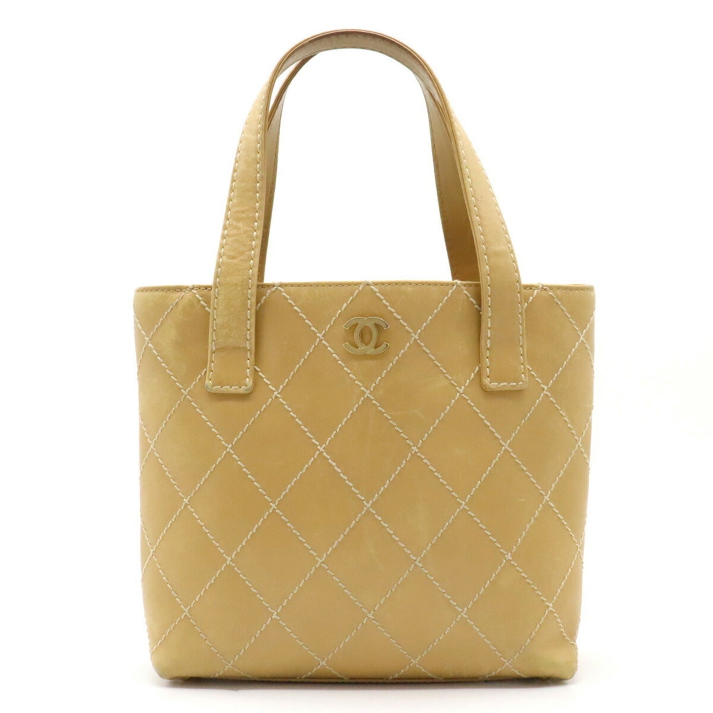Chanel Wild Stitch Coco Mark HandBag Tote Bag Leather Beige A18126