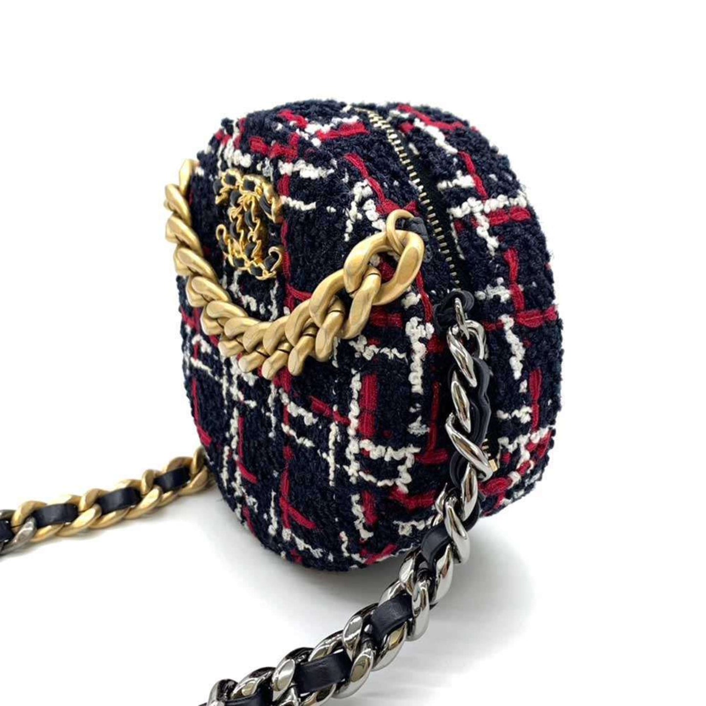 Chanel Bag 19 Round Clutch Chain Shoulder Navy x White Red Checkered Coco Mark Crossbody Pochette Ladies Tweed CHANEL