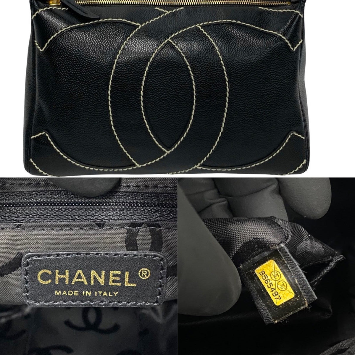 CHANEL Wild Stitch Decacoco Caviar Skin Leather Handbag Black 03356