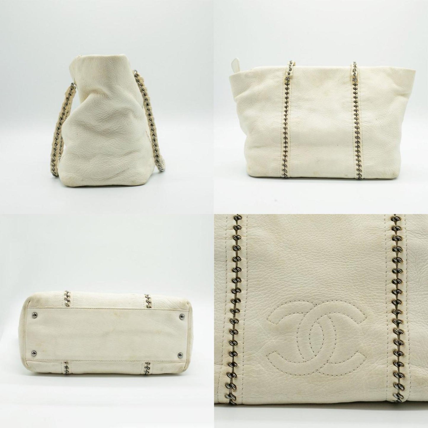 CHANEL Shoulder Bag Luxury Line Coco Mark Chain Leather White Silver Women's PD25