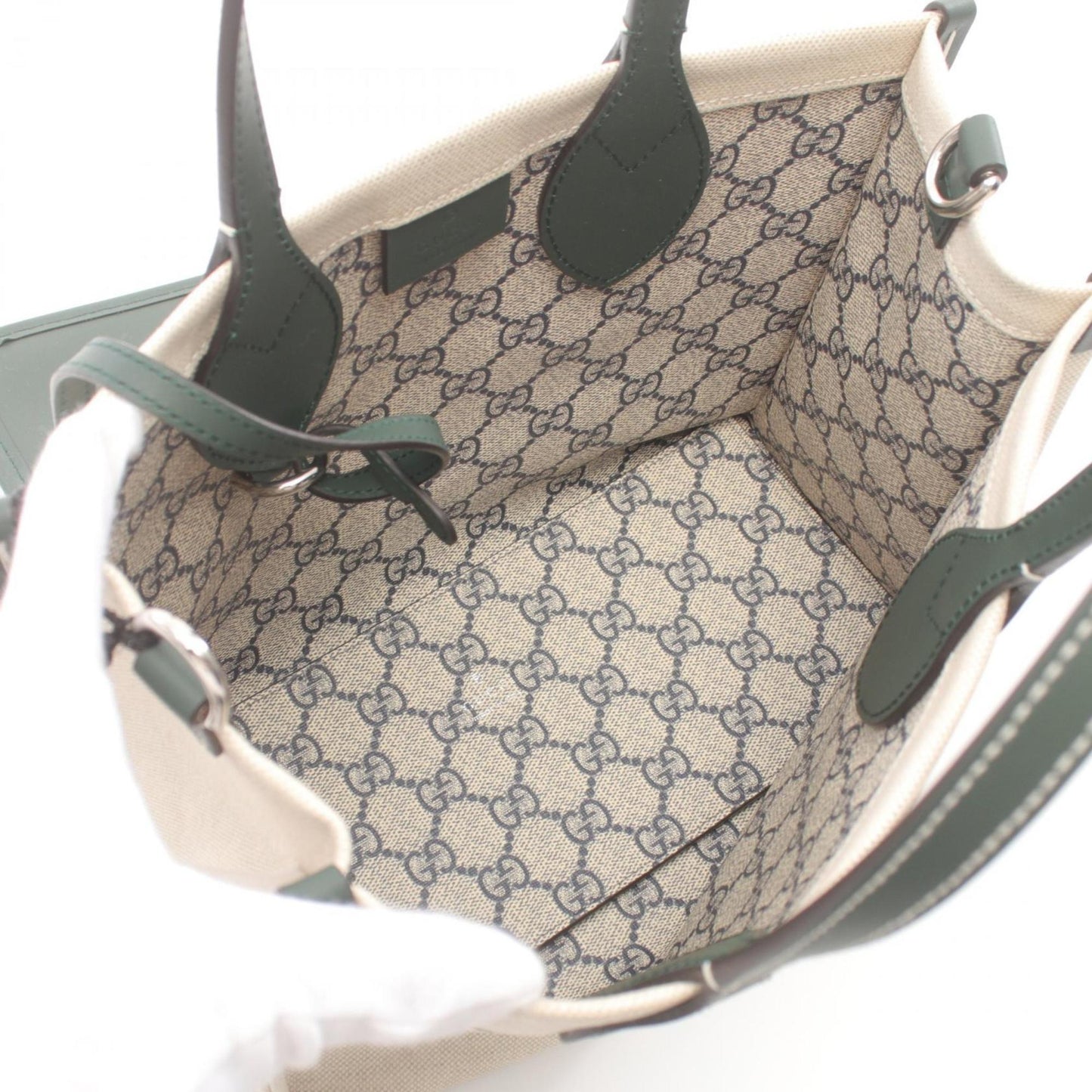 Gucci Beige Green Canvas Leather Tote Bag