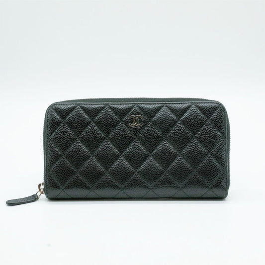 CHANEL Round Long Wallet Matelasse Coco Mark Caviar Skin Leather Black Silver Women's AP1411 PD64