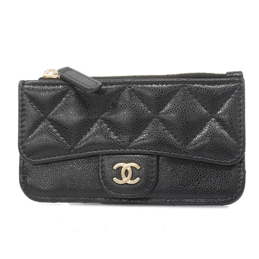 Chanel Wallet/Coin Case Matelasse Caviar Skin Black Champagne Women's